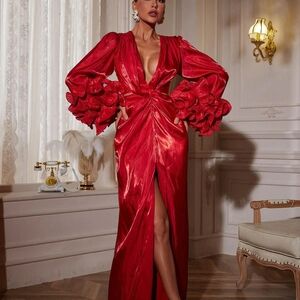 Glamorous Scarlet Maxi Dress with Ruffled Sleeves